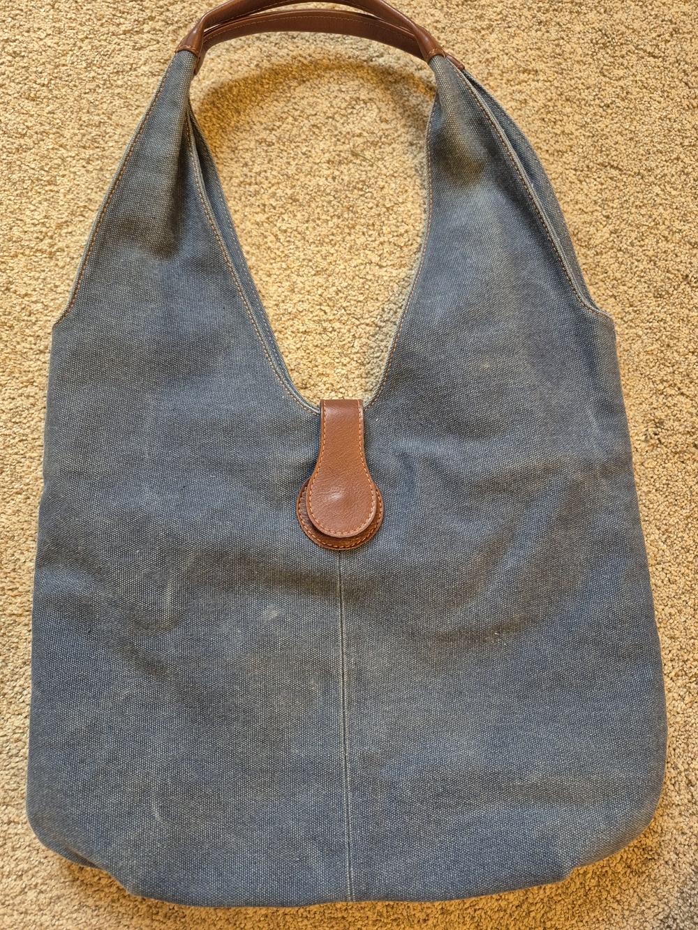 Vintage Italian Casual Blue Denim Hobo Shoulder Bag with Brown Leather Trim
